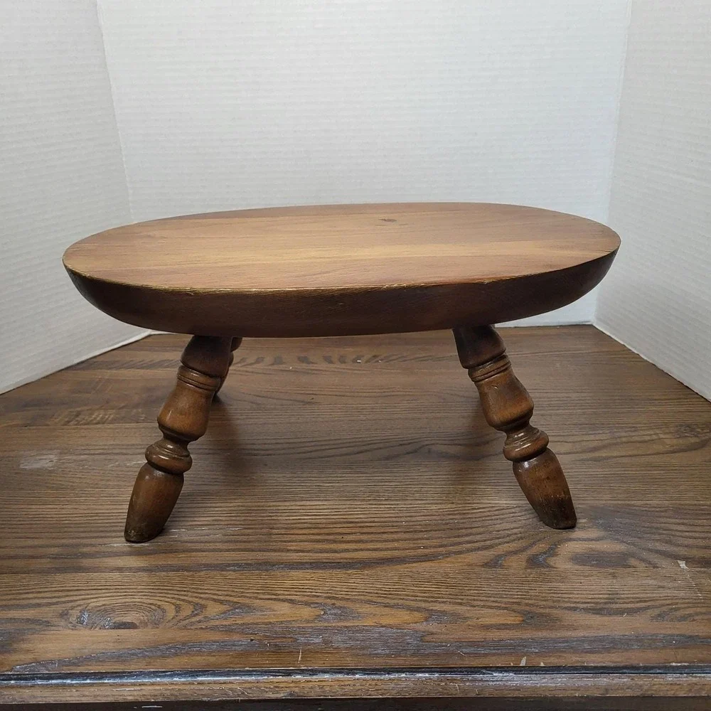VTG Wood Bench Step Stool Oval Top Windsor Style Turned Legs 7